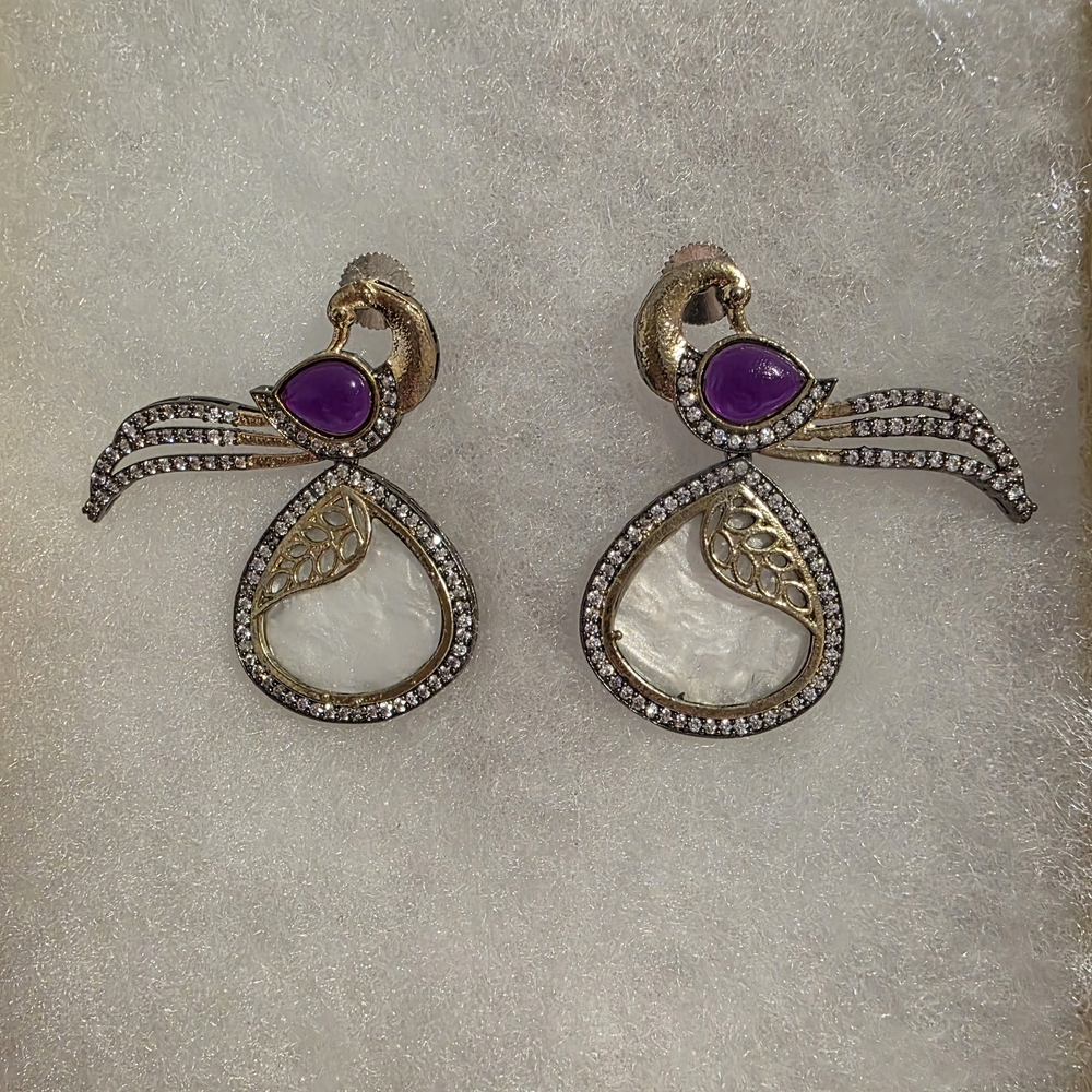 Elegant Gold and Purple Peacock MOP Earrings